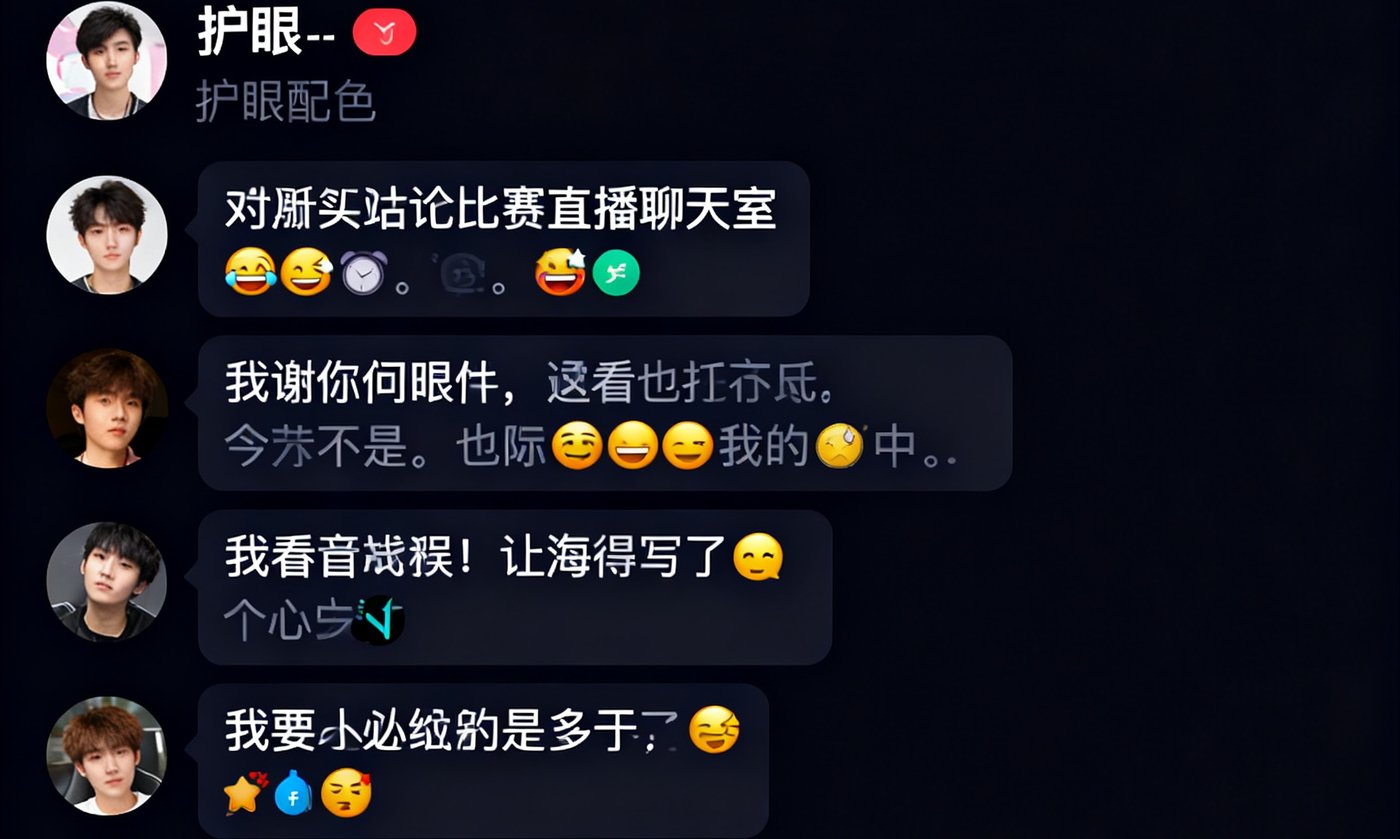 天天看球球迷社区界面，展示比赛直播间聊天室的热烈互动场景，多条评论滚动显示，用户头像多样，有文字和表情符号混合的实时讨论内容，界面采用深色底配白色文字的护眼设计