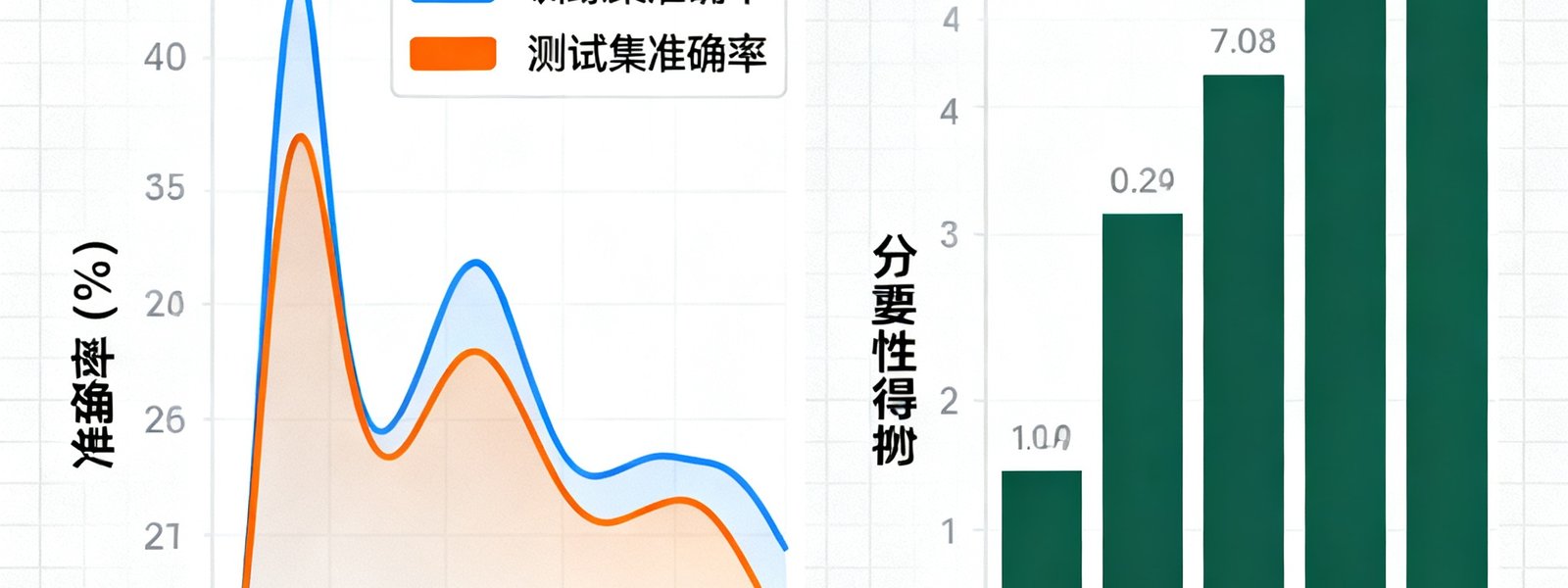 AI足球预测模型的数据可视化图表，展示机器学习算法对历史比赛数据的训练结果，包含准确率趋势曲线和特征重要性排名柱状图
